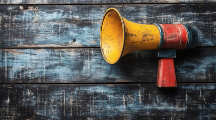 Vintage megaphone on a weathered wooden surface, showcasing vibrant colors and a rustic feel
