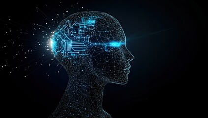 3D rendering, a digital hologram of an AI robot head with blue glowing circuitry on a dark background