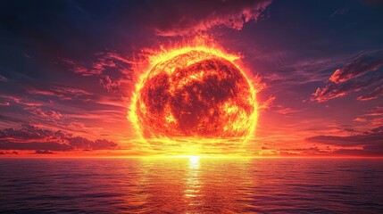 Majestic Sunset Over Calm Ocean with Fiery Sun and Colorful Sky