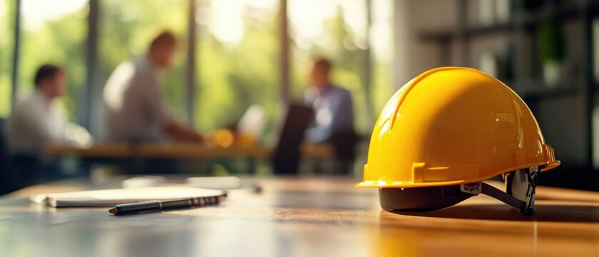 Yellow hard hat on a wooden table with three blurred adult men in the background, having a meeting in the office Concept of construction, safety, and teamwork