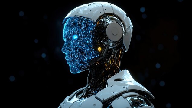 3D rendering of a humanoid robot with an artificial intelligence face made of blue glowing data points on a dark background