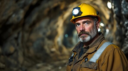 Naklejka premium Male miner wearing a hard hat with a headlamp in a dimly lit underground mining shaft (Industry)