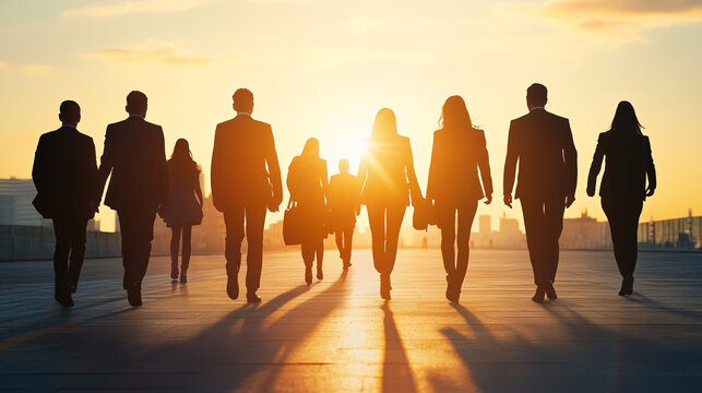 A group of business professionals walking forward confidently at sunset casting long shadows and symbolizing leadership teamwork and success  
