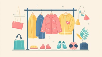 Colorful Clothing Rack with Fashion Items and Accessories Display