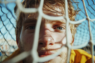 Goalkeeper preparing for a save with an intense focus on the soccer field during a bright day
