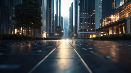 Obraz premium wide street with modern buildings, illuminated at night, showcasing vibrant urban atmosphere. sleek architecture reflects sustainable design, creating captivating cityscape