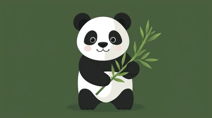 Obraz premium Cute Cartoon Panda Holding Bamboo Branch on Green Background