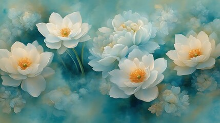 White Flowers Bloom in a Teal Artistic Setting