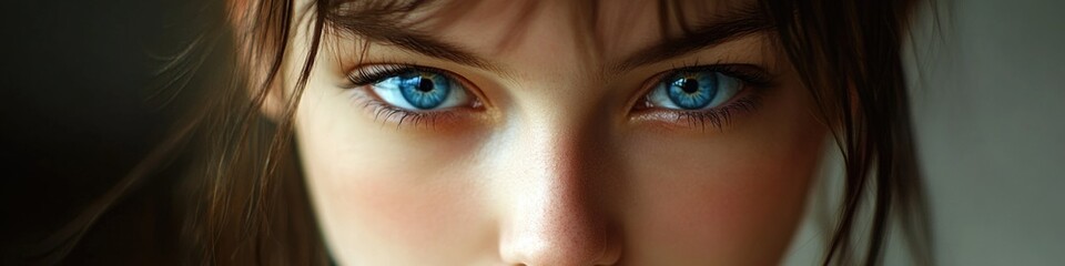 Obraz premium A close-up shot of a woman's face with striking blue eyes