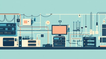 Modern Technology Network with Cables and Devices on Blue Background