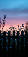 Fototapeta premium Sunset Flowers Behind a Wooden Fence