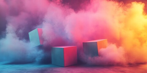 A striking composition of colorful cubes partially enveloped in vibrant smoke, creating a surreal and artistic atmosphere perfect for modern design.