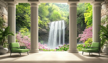 Fototapeta premium 3D wall mural, large window with a view of a waterfall and green chairs on the porch, stone columns, spring flowers 