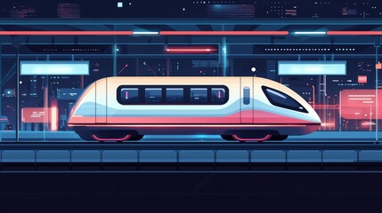 Modern Futuristic Train at a High-Tech Station Platform at Night