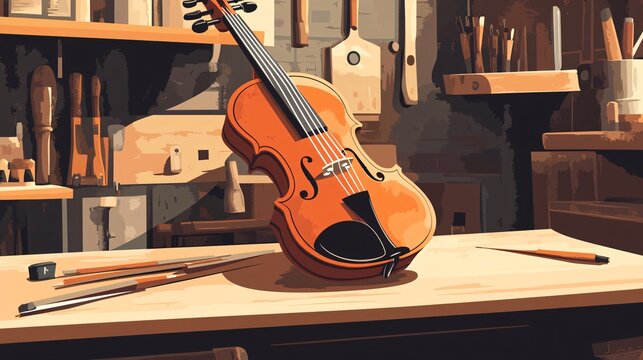 Beautiful Antique Violin on Workbench in Violin Maker Studio