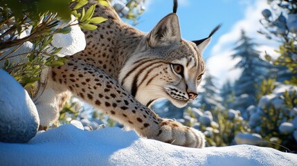 Obraz premium Lynx in Snowy Mountain Forest