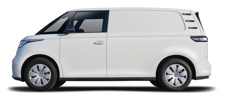 VW ID Buzz Cargo van, side view isolated on transparent background. PNG