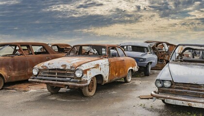 Rusty, abandoned cars in various stages of decay in a junkyard under a cloudy sky, symbolic photo, AI generated, AI generated