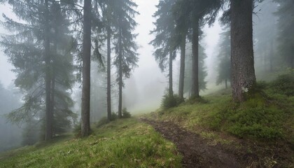 Obraz premium Landscape, Forest, Spruce forest in fog, AI generated, AI generated