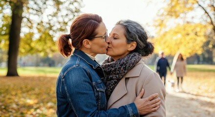 Fototapeta premium Romantic autumn moment between mature caucasian and hispanic women in a sunlit park