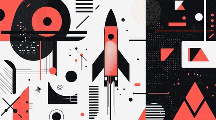 Modern Abstract Illustration with Rocket and Geometric Shapes Design