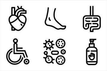 Medical and Healthcare Line Icons – Heart, Foot, Digestive System, Wheelchair, Bacteria, Hand Sanitizer