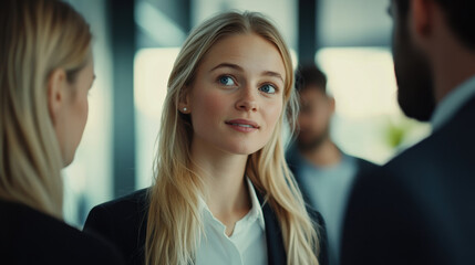 young blonde businesswoman engages in professional conversation, exuding confidence and respect. Her attentive expression reflects her commitment to collaboration and success