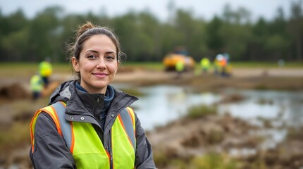 Female Environmental Consultant Monitoring Wetlands Restoration Work Outdoors (Environment)