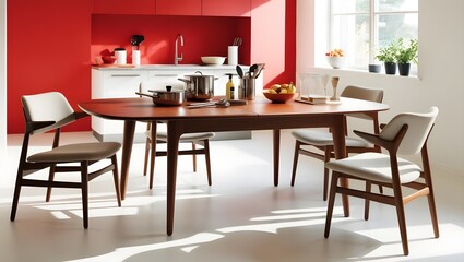 Modern Minimalistic Dining Area with Wooden Furniture and Red Accents