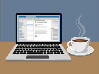 Laptop with an open email application and a cup with coffe. Simplified flat style. Vector Illustration