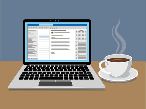 Laptop with an open email application and a cup with coffe. Simplified flat style. Vector Illustration