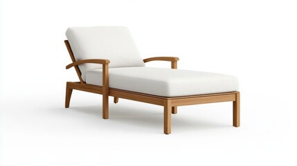 Obraz premium Sleek chaise lounge with contoured teak arms and soft cushions