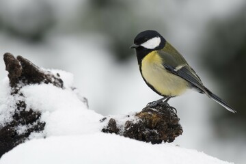 Fototapeta premium Great tit (Parus major) in the snow, Emsland, Lower Saxony, Germany, Europe