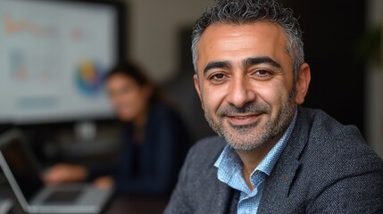 Fototapeta premium Confident businessman smiling, office meeting, blurred colleague, charts. Business portrait use