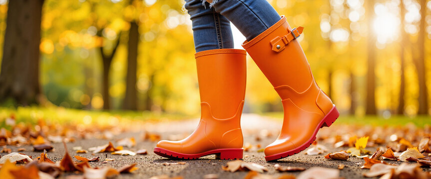 Bright orange rain boots walking through vibrant autumn park, seasonal joy