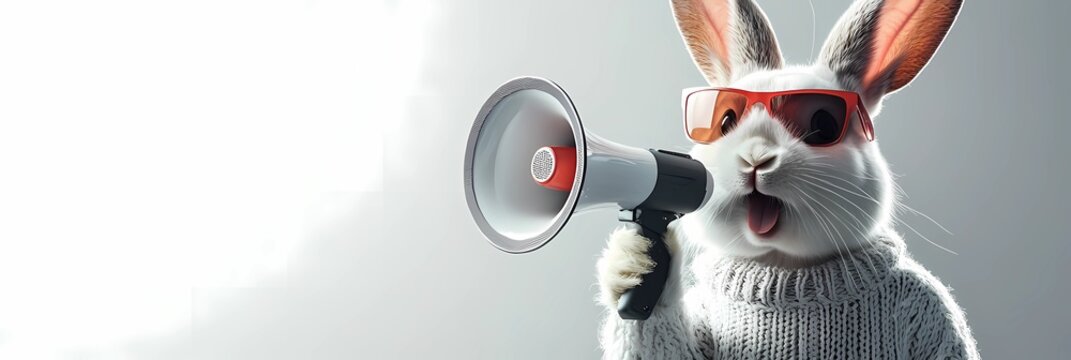 A trendy bunny rabbit with sunglasses and a megaphone, next to a customizable banner with copy space. Great for advertising, greeting cards, or playful designs.
