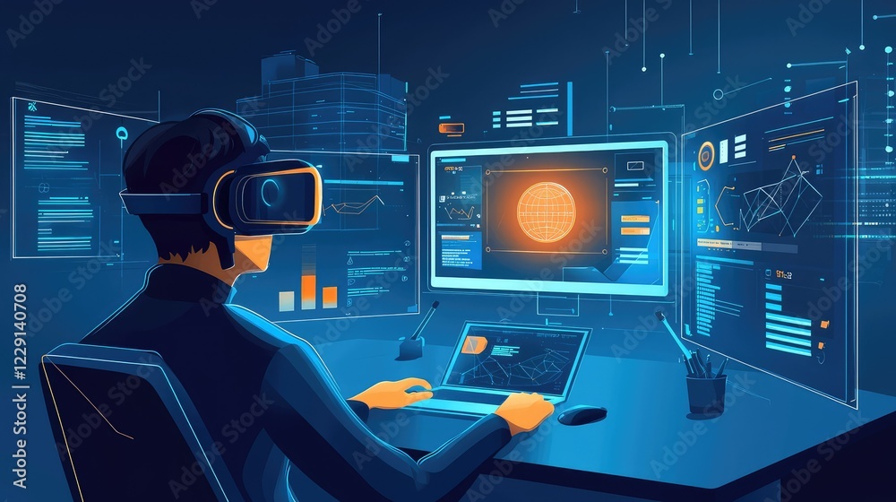 Poster modern virtual reality workspace with user interaction and data display