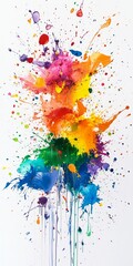 Fototapeta premium Colorful abstract paint splatter art showcasing dynamic splashes of vibrant hues on a white canvas.