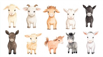 Cute Baby Farm Animals Watercolor Collection of Nine