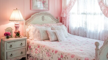 Romantic shabby chic bedroom with floral bedding, pink walls, and lace curtains.