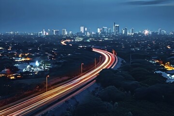 Fototapeta premium Aerial view capturing the sprawling network of streets and vehicles in a mega city at night, AI generated