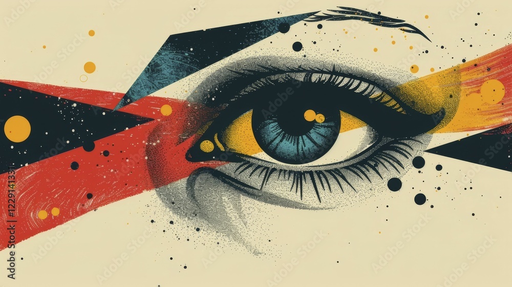 Poster single eye depicted in abstract style using geometric shapes and an array of bold colors creating a 