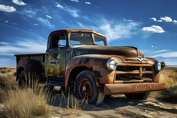 Fototapeta premium Rusted 1950s pick up truck parked on a lonely dirt road, with a sun-faded paint job and tall grass growing around it, evoking a sense of forgotten Americana, AI generated