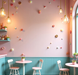 Professional photo mock up of a cozy cafe interior with vintage furniture a lot of decorative elements. Fairy magic atmosphere in a blue and pink colors.