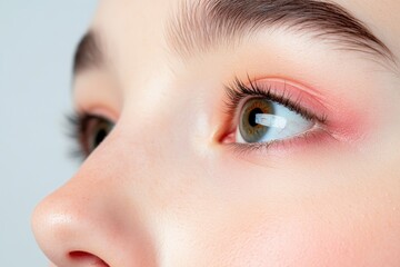 Fototapeta premium Close-up beauty portrait showcasing vibrant eyeshadow flawless skin