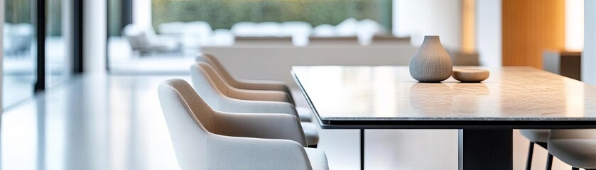 Fototapeta premium Sleek stone-top dining table paired with low-back upholstered chairs