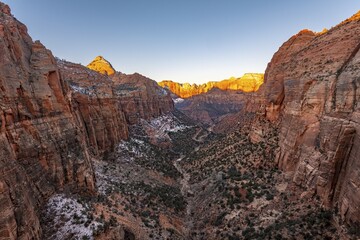 View from Canyon Overlook into Zion Canyon with snow, at sunrise, back left Bridge Mountain, Zion National Park, Utah, USA, North America