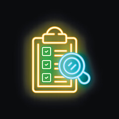 Obraz premium Glowing neon icon of a magnifying glass analyzing a checklist on a clipboard, representing concepts like quality control and auditing