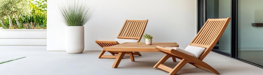 Sleek teakwood patio table with matching low-profile chairs