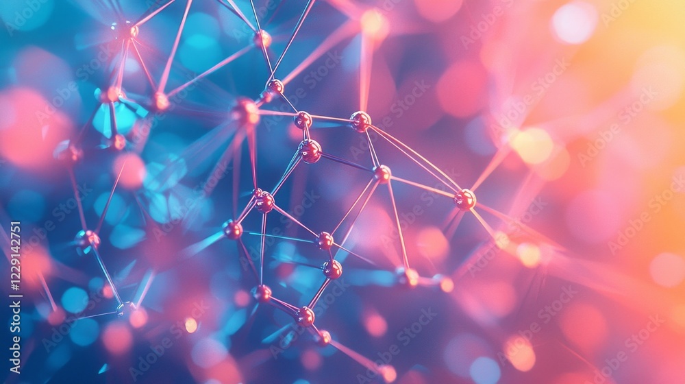 Poster Delicate pink molecules interconnect within a luminous web of colors, creating an enchanting display that captivates the viewer's imagination. This composition evokes a sense of wonder